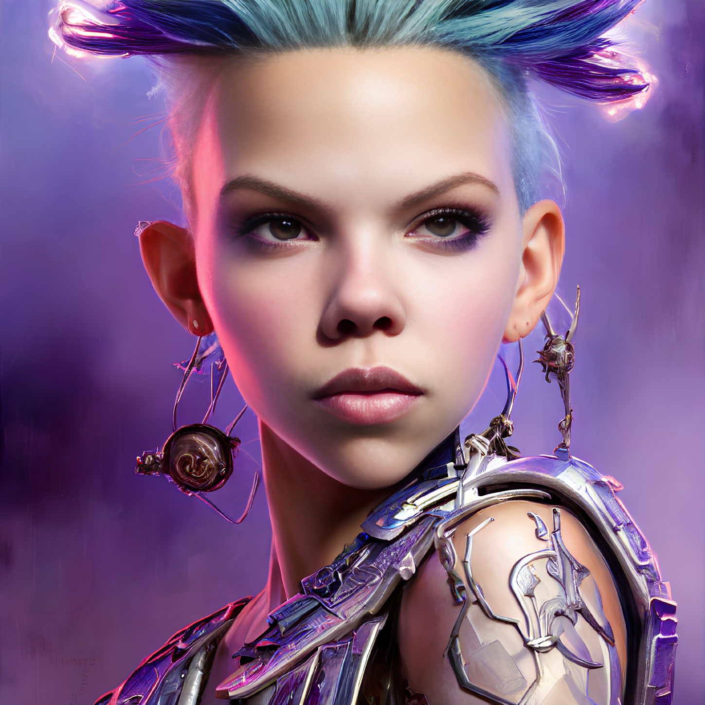 Digital Artwork: Woman with Blue Spiked Hair & Futuristic Silver Armor
