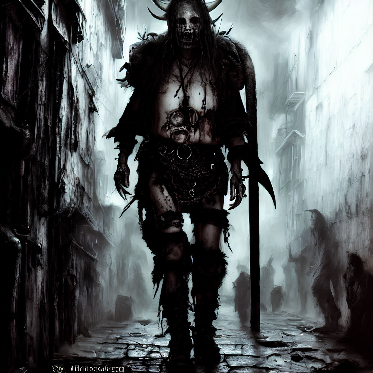 Sinister fantasy figure with horns in dark alleyway