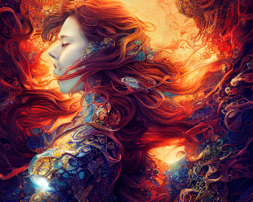 Colorful Digital Art: Woman with Flowing Hair and Abstract Patterns