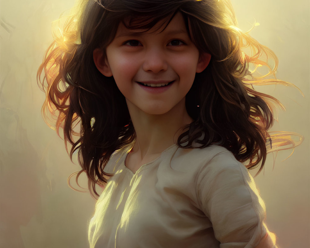 Smiling child with wavy backlit hair in warm light