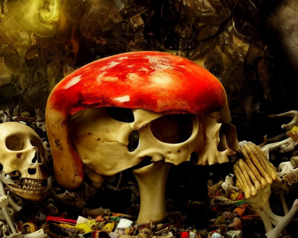 Skull with Red Mushroom Cap in Dark Setting