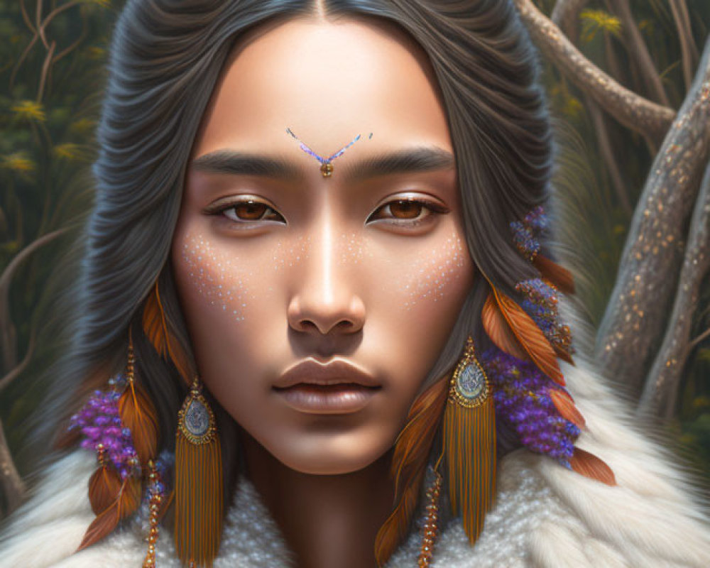 Digital portrait: Long-haired person with facial jewelry, sparkling freckles, white fur garment in forest