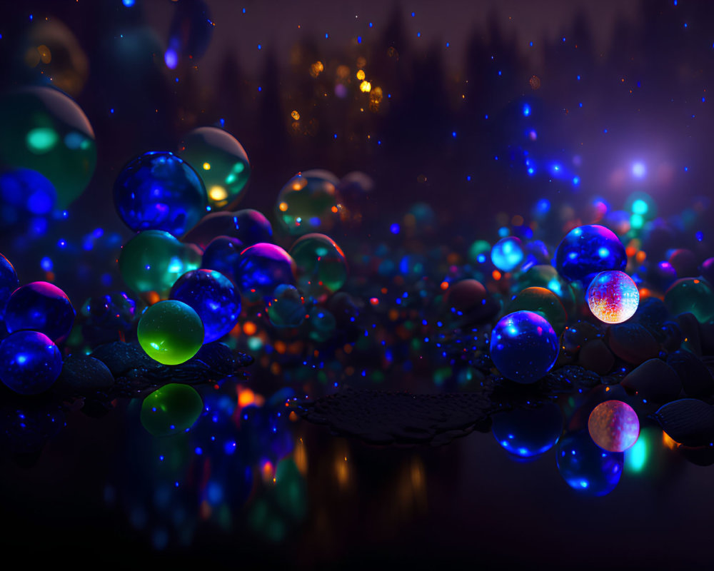 Colorful Radiant Spheres on Dark Surface with Bokeh Lighting Effects