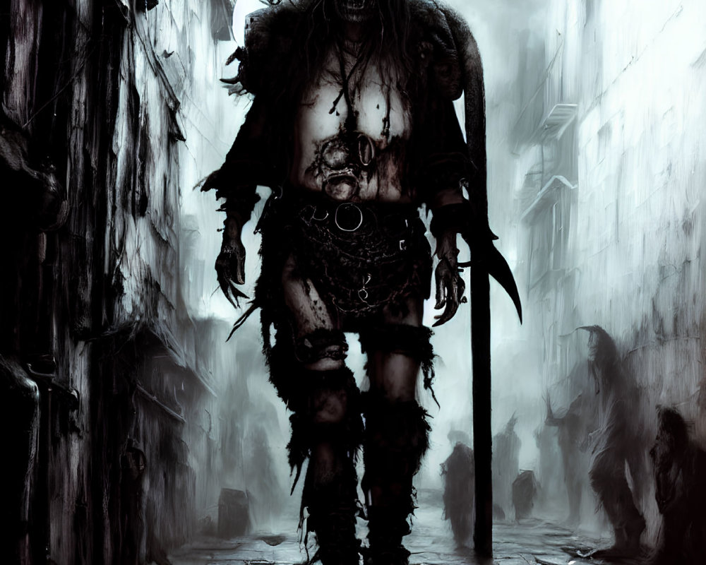 Sinister fantasy figure with horns in dark alleyway