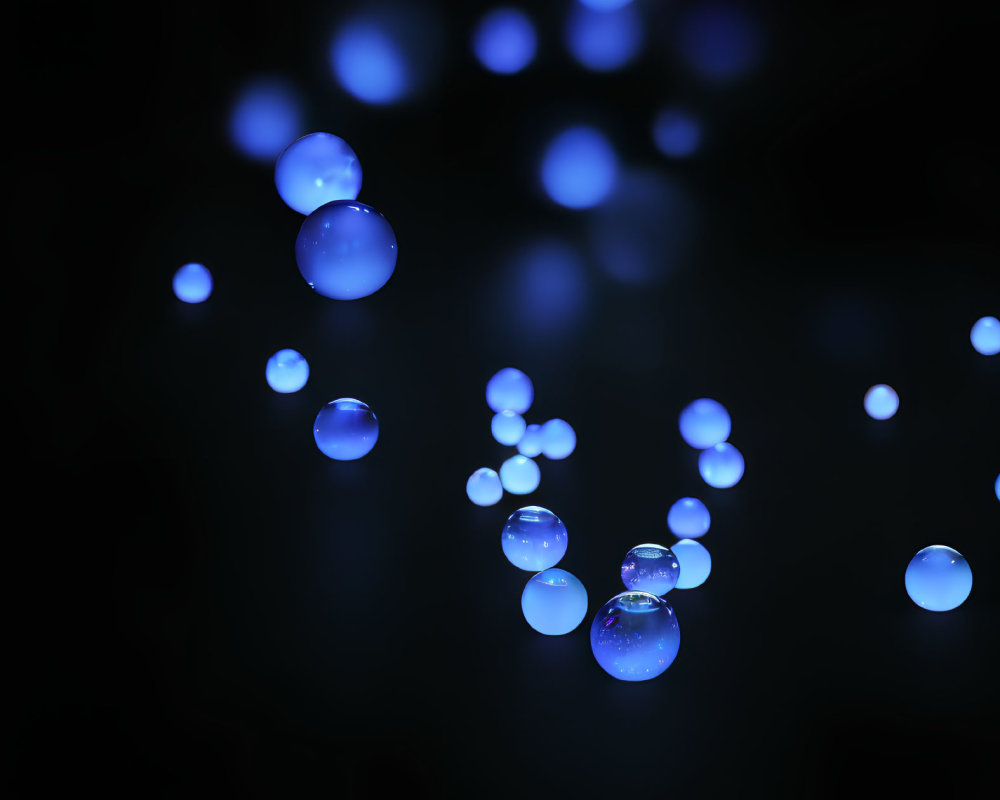 Blue Glowing Bubbles in Dark Space with Light Reflections