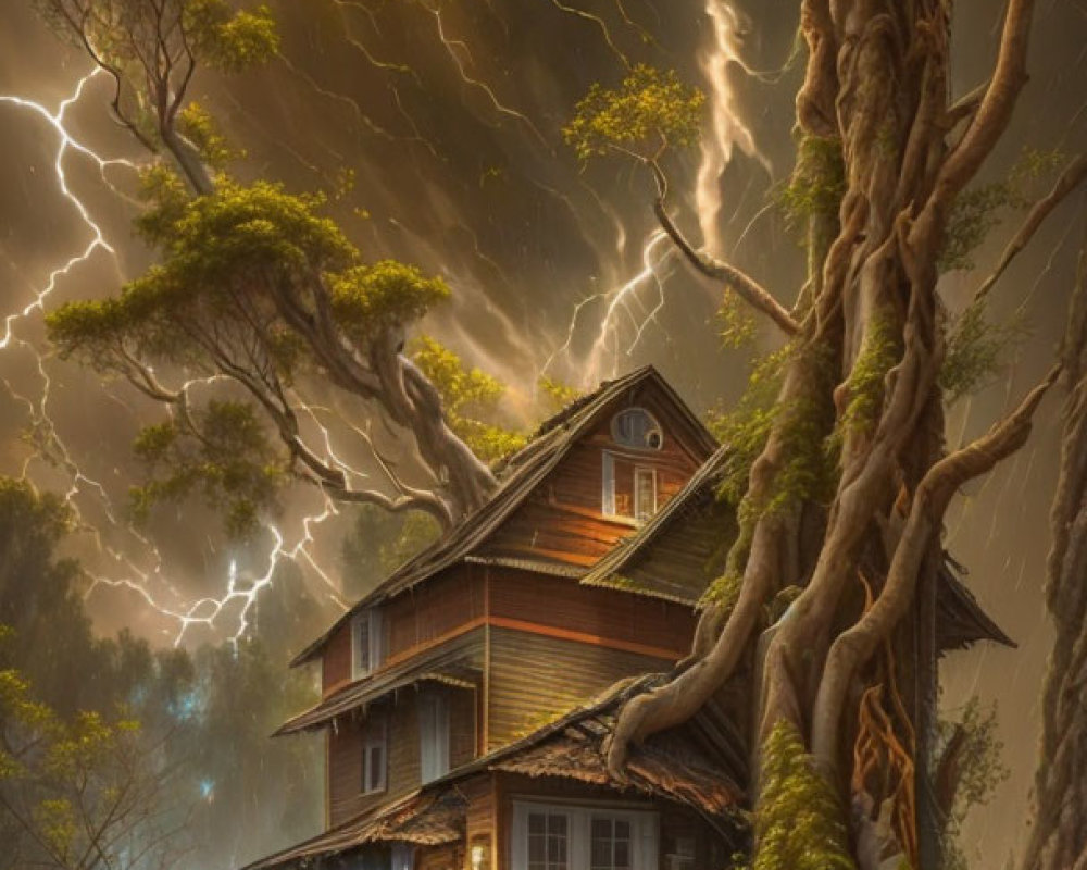 Old wooden house entangled by tree roots under stormy sky with lightning
