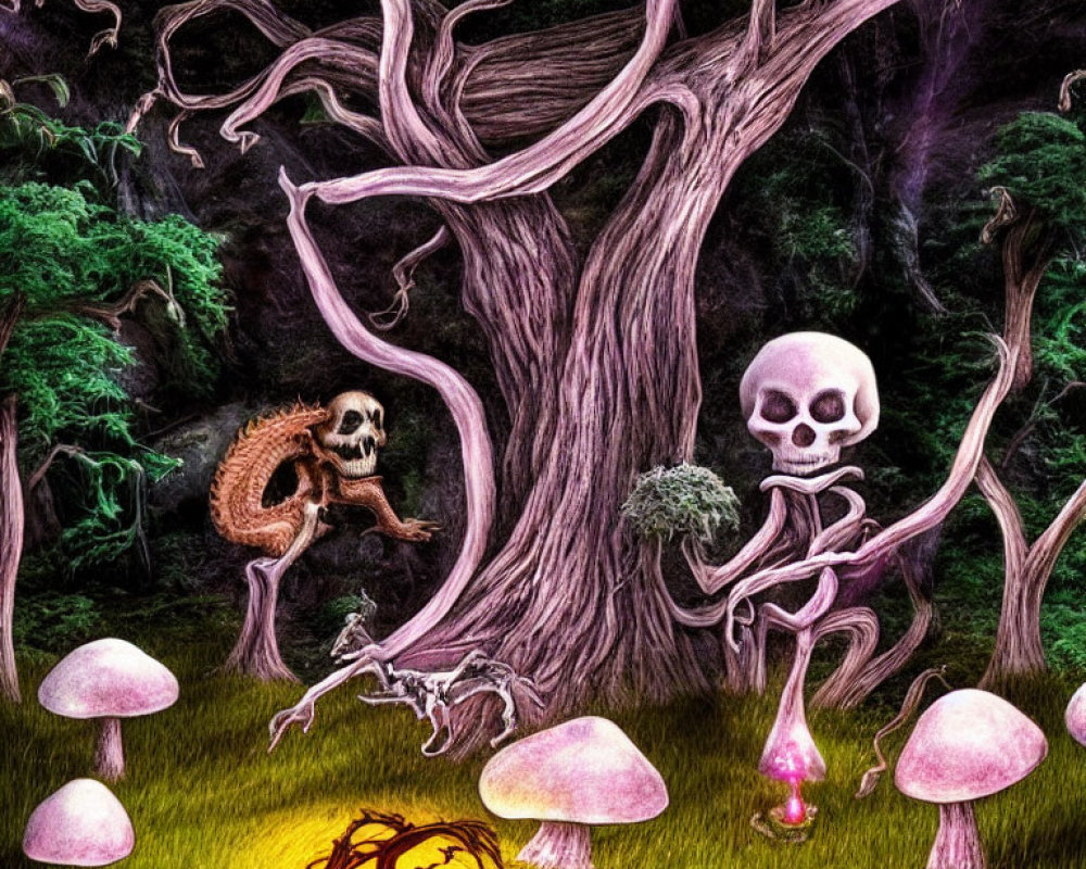 Eerie forest scene with twisted tree, skeleton, and glowing mushrooms