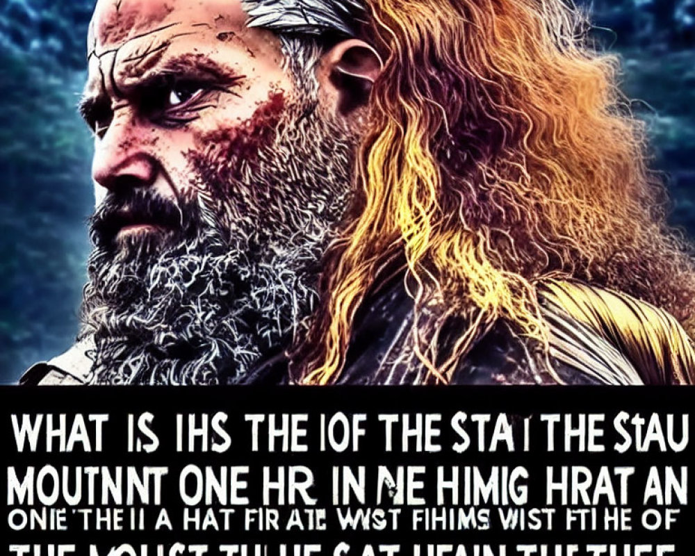 Digitally altered image of intense man in Viking attire with indecipherable text.
