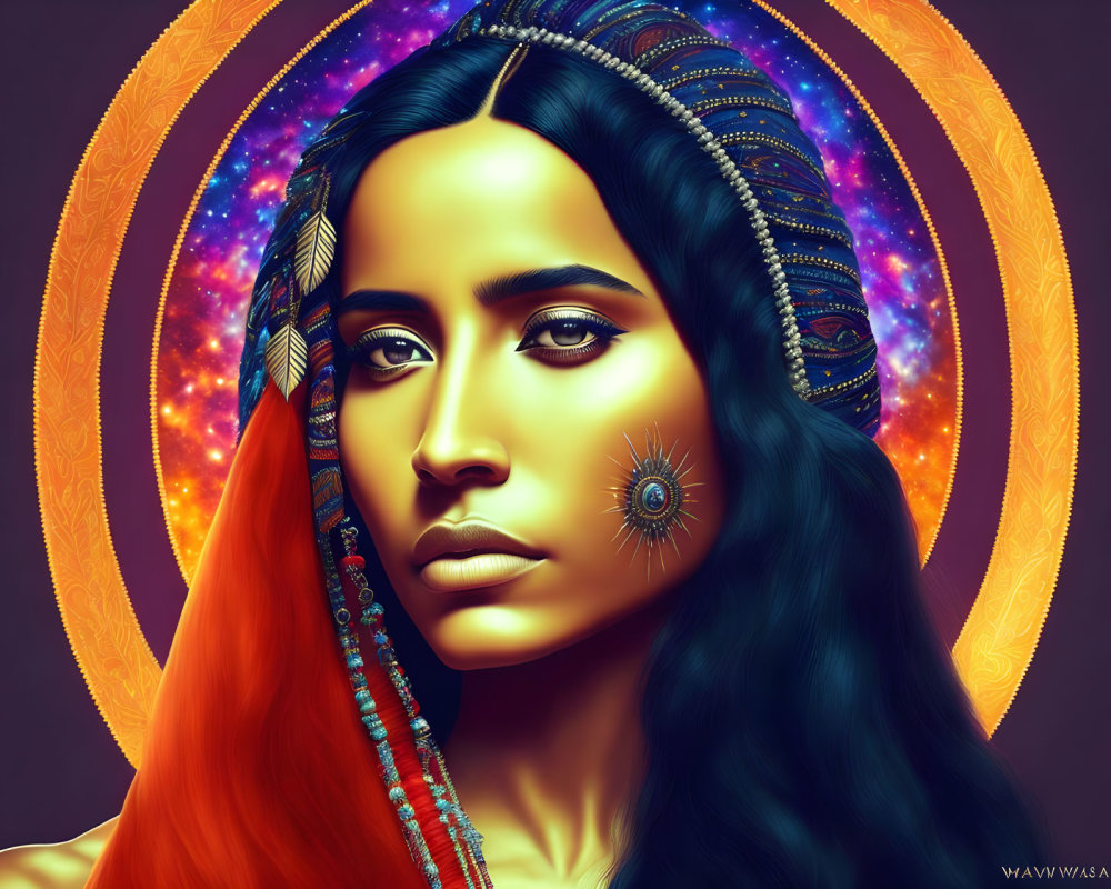 Digital portrait of a woman with ornate headdress and intense gaze on vibrant background