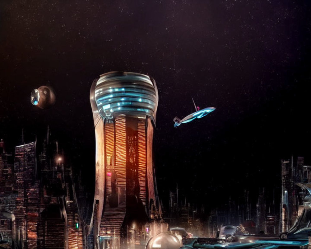 Futuristic night cityscape with towering skyscraper and illuminated vehicles