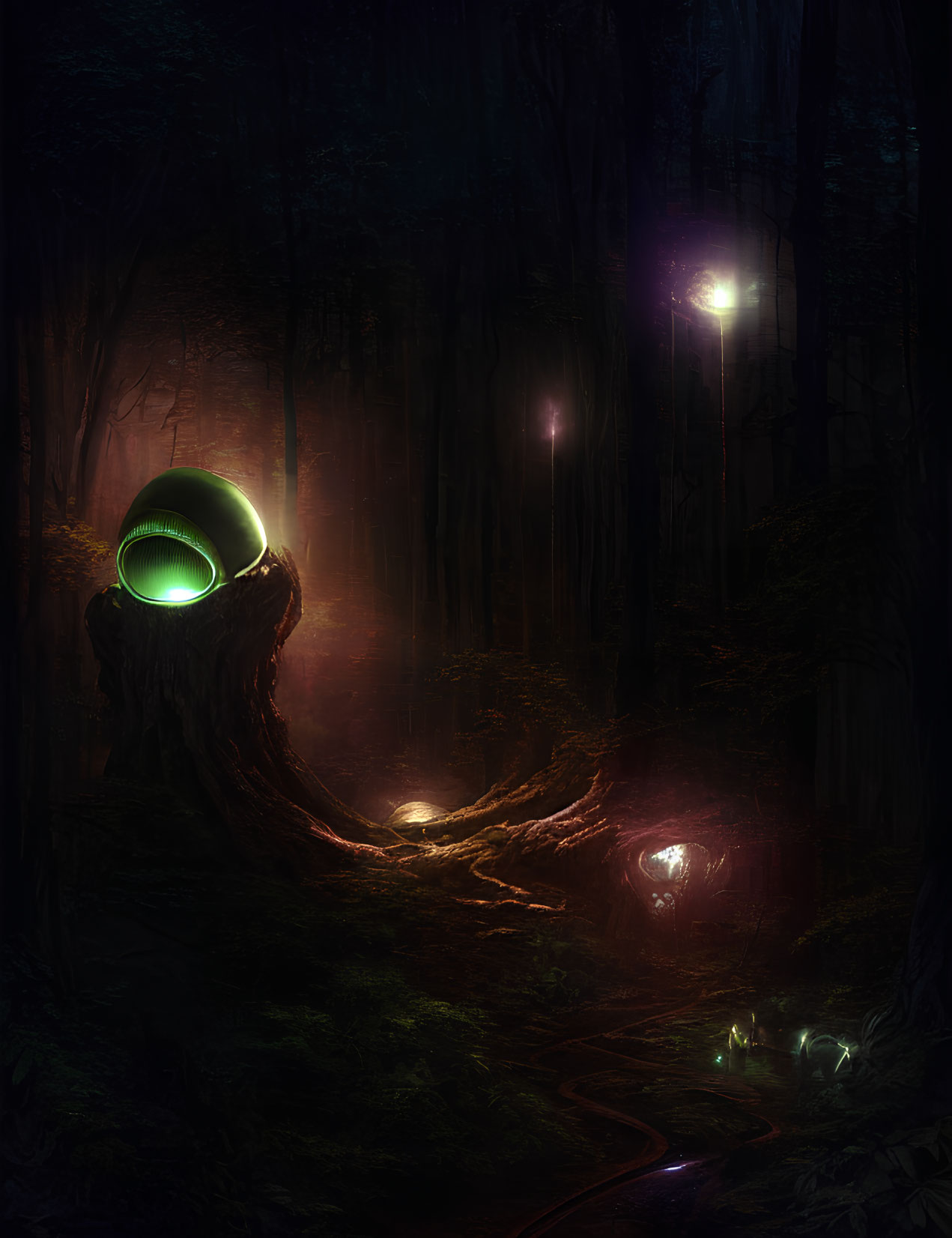 Mystical forest at night with glowing bioluminescent plants and pod-like structure
