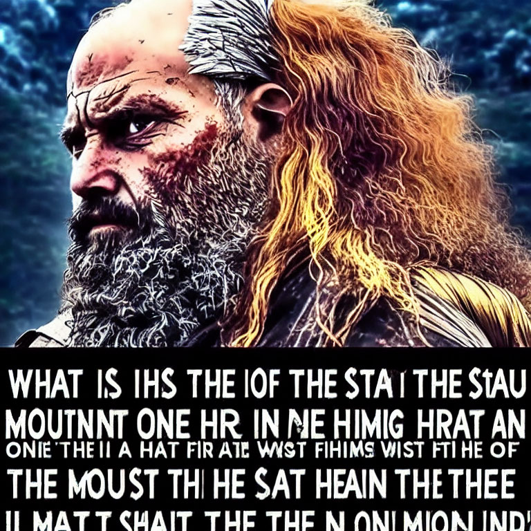 Digitally altered image of intense man in Viking attire with indecipherable text.