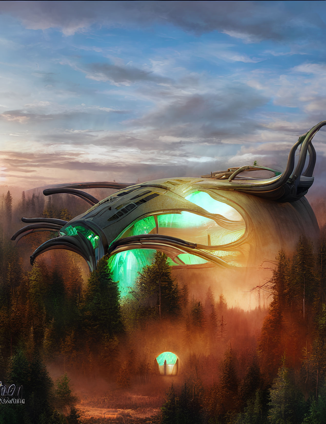Futuristic organic structure with green lights in misty forest