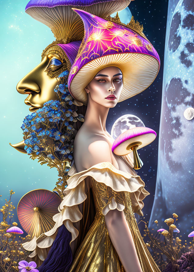 Surreal portrait featuring woman, lion profile, mushrooms, flowers, and moon