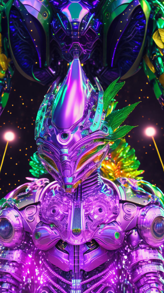 Futuristic warrior in glossy, iridescent armor with neon lights on starry backdrop