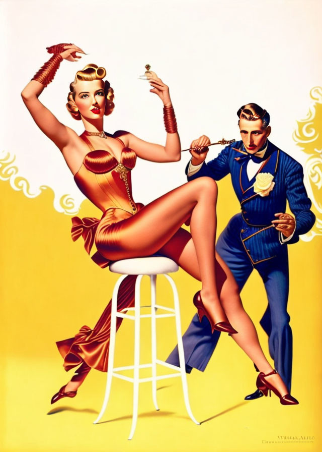 Vintage Illustration: Glamorous Woman in Gold Swimsuit with Man in Blue Suit Presenting Object