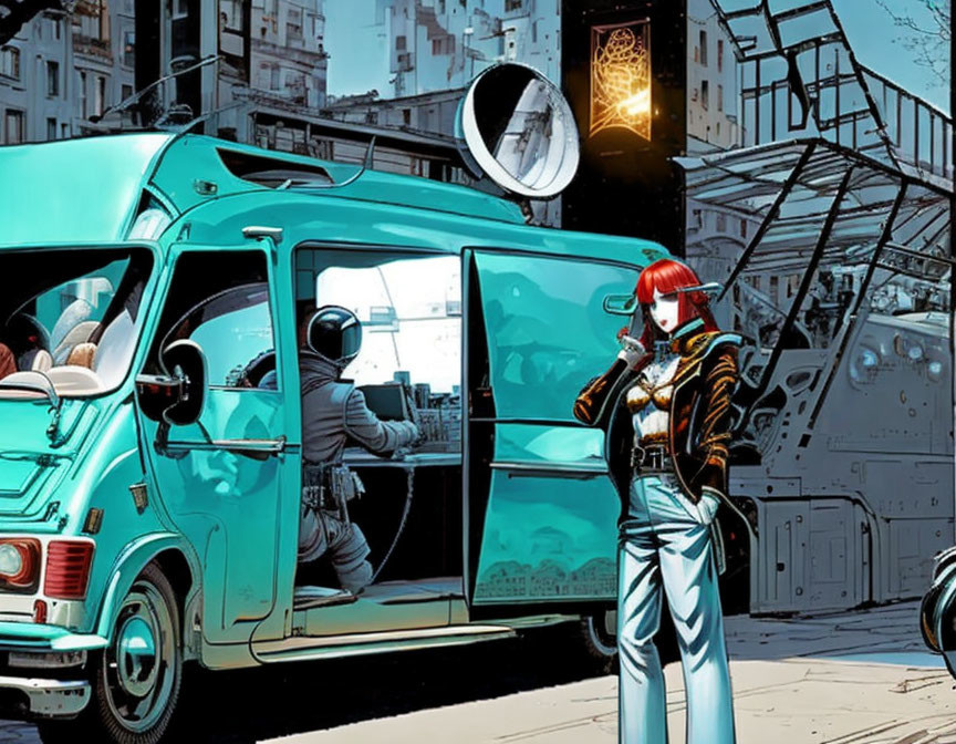 Red-haired woman in futuristic attire talking on phone with teal van and robotic structures.