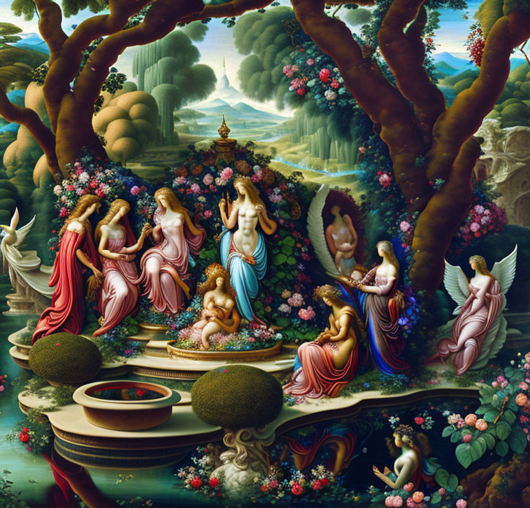 Fantastical painting of angels and mystical figures in lush landscape