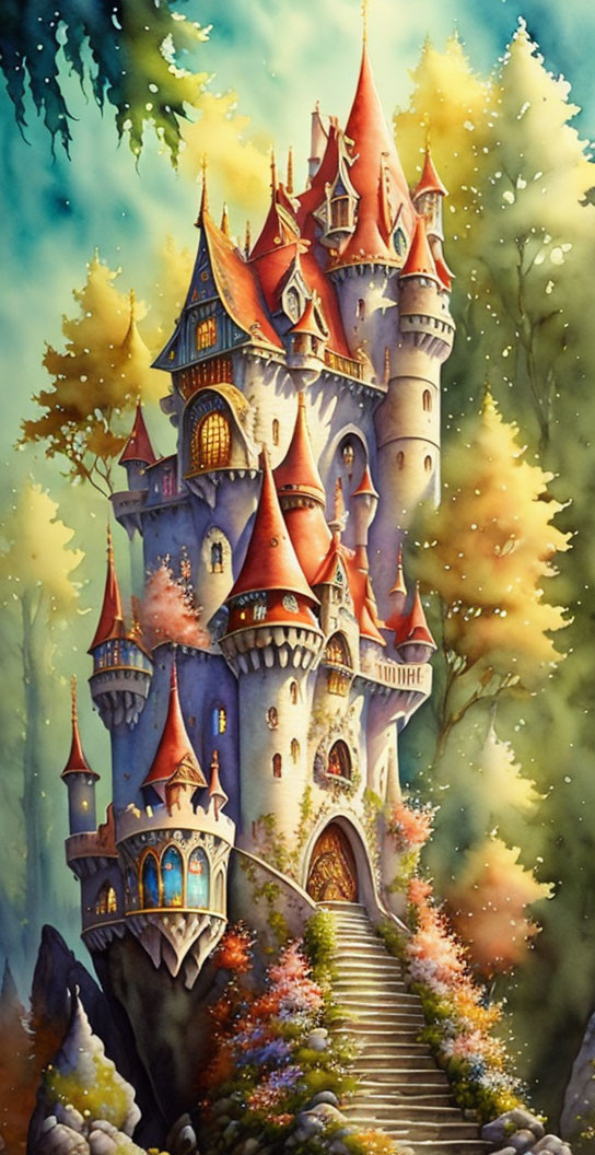 Colorful fairy-tale castle in vibrant forest with spires and flower-lined stairway