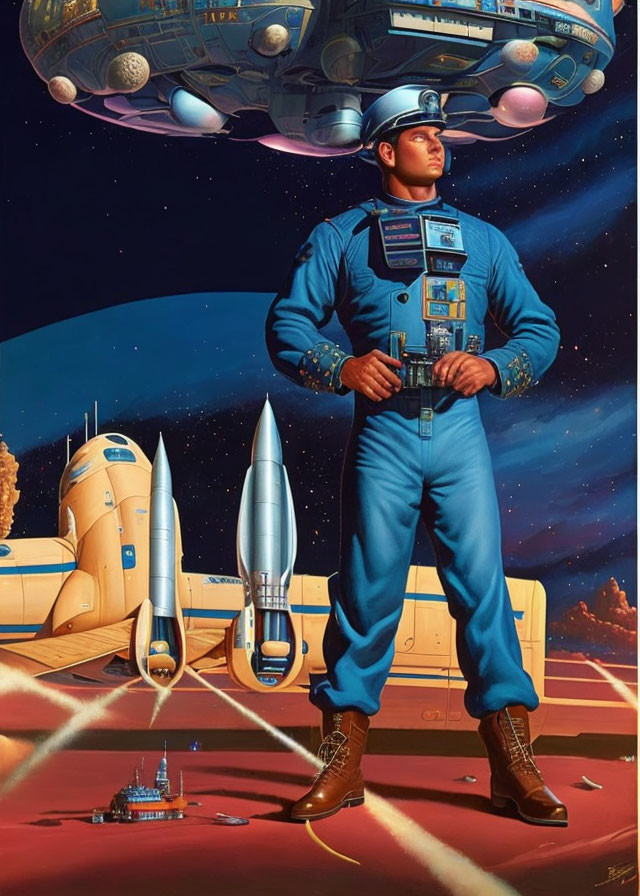 Astronaut in blue suit on planetary surface with futuristic city and spacecraft.