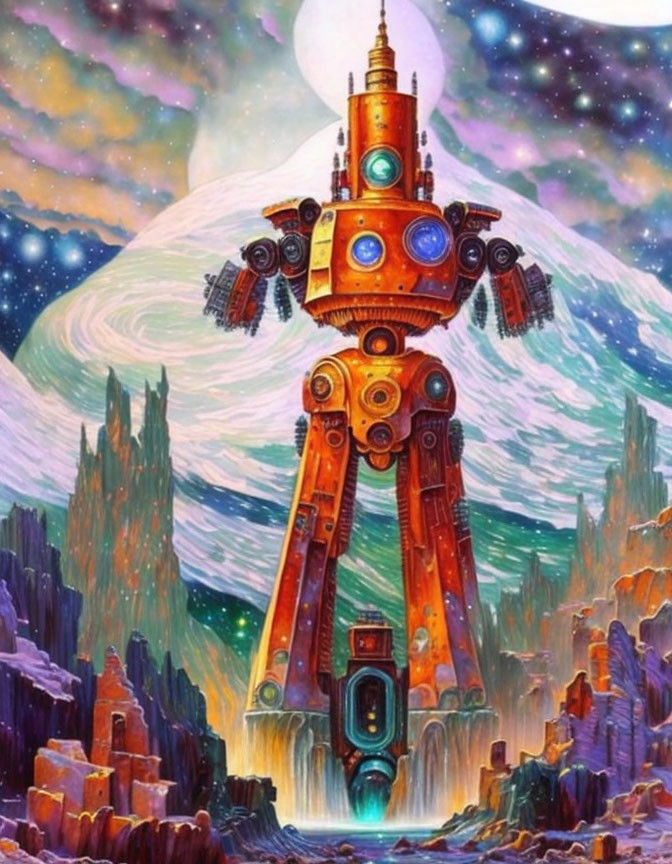 Colorful Robot in Alien Landscape with Starry Sky