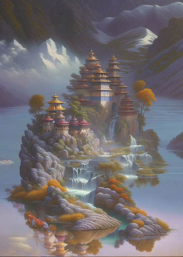 Fantasy landscape with pagodas, autumn trees, waterfalls, and misty mountains