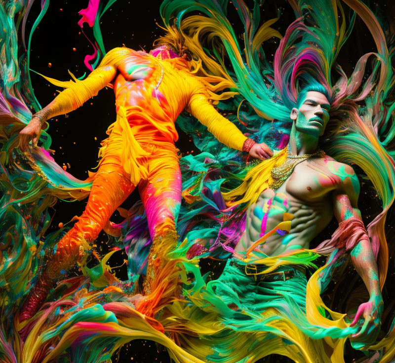 Two people in vibrant swirling paint colors: one in yellow outfit, the other with green and gold body