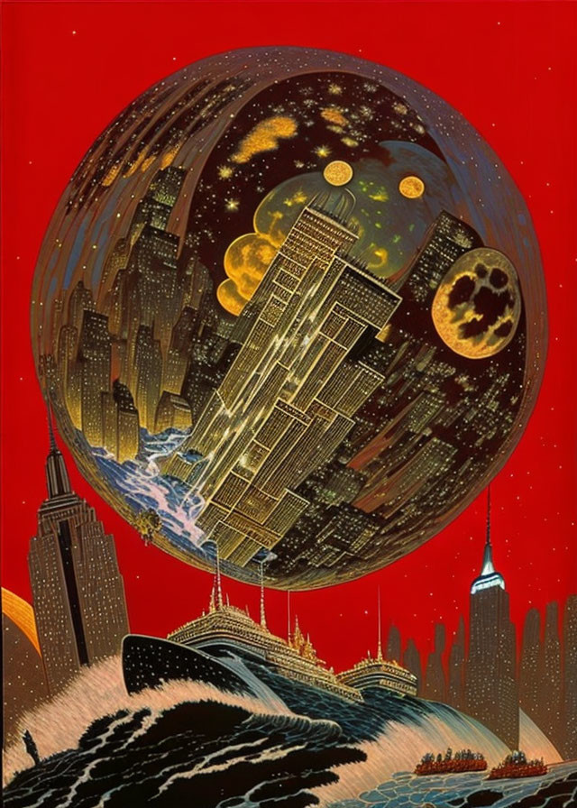 Surreal cityscape artwork on celestial body with skyscrapers and red sky