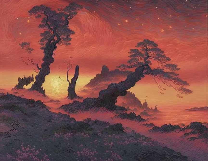 Surreal red landscape with gnarled trees and setting sun