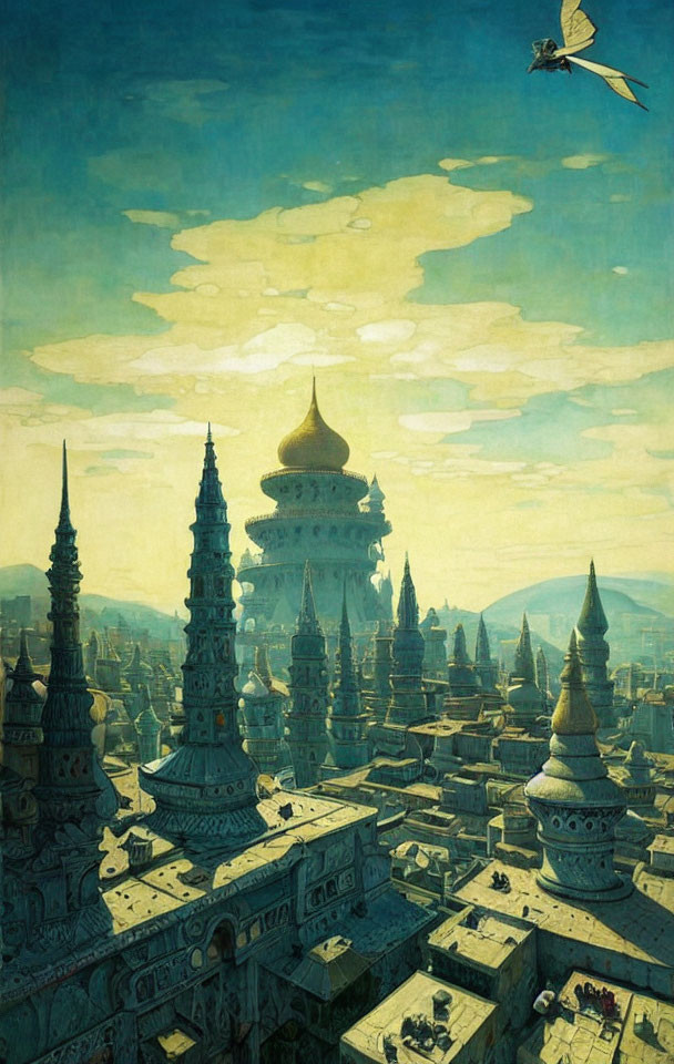 Fantastical cityscape with ornate spires and flying bird