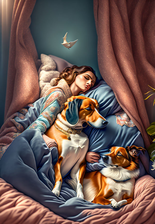  A woman sleeps with an angelic dogs.