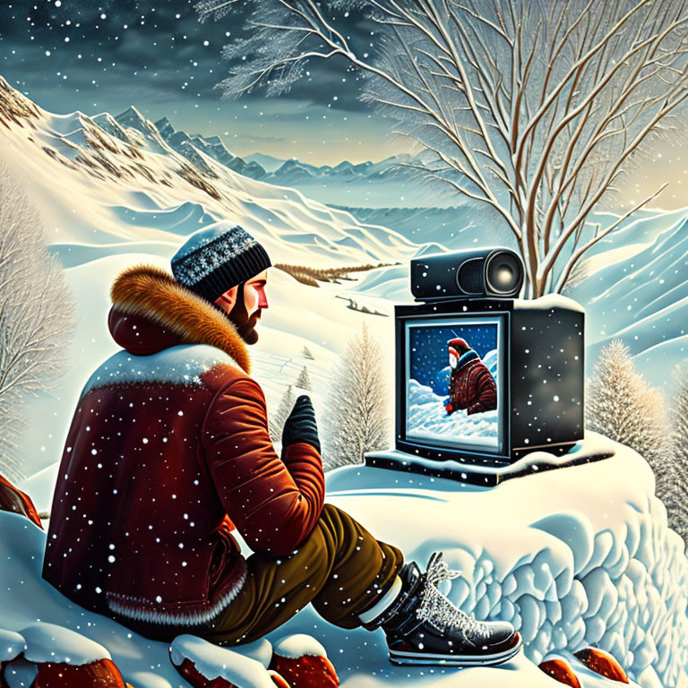 man watching tv on a snow bank 
