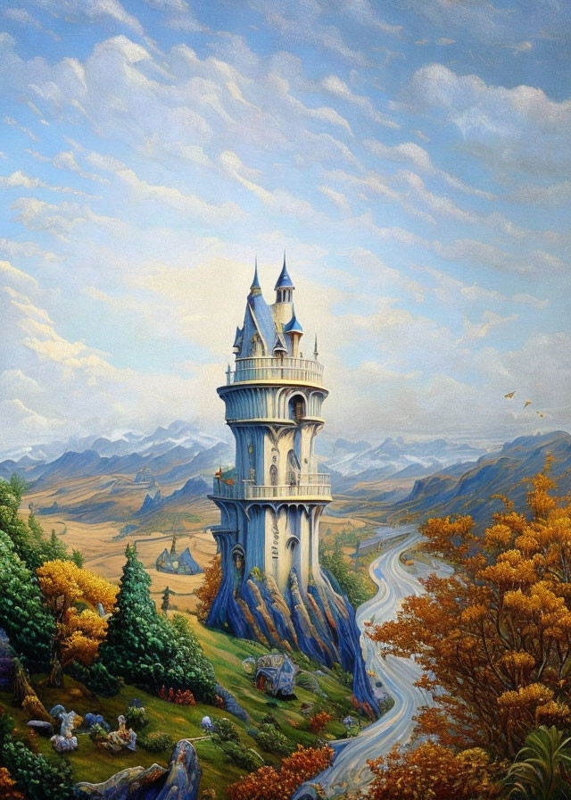 Fairytale castle atop rock with colorful forests, river, mountains in whimsical painting