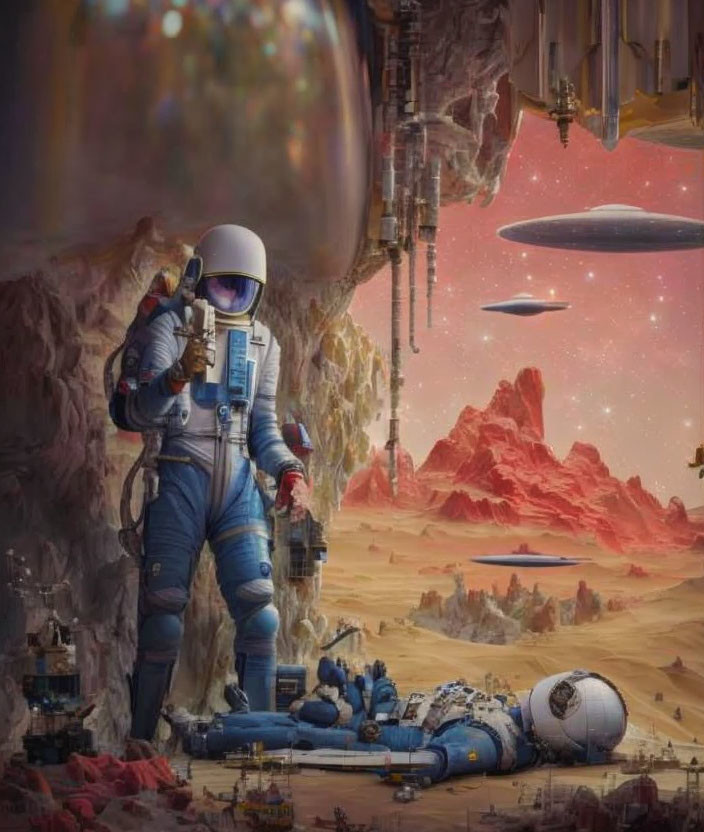 Astronaut on rocky alien landscape with floating rocks and spaceship