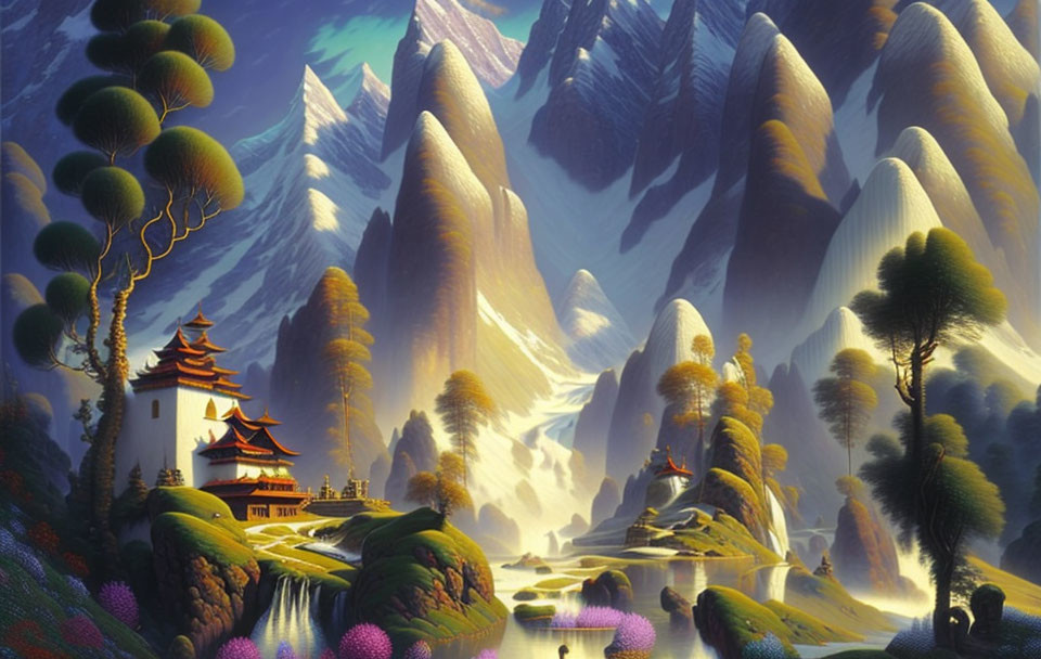 Colorful fantasy landscape with mountains, temple, waterways, and flora at sunrise.
