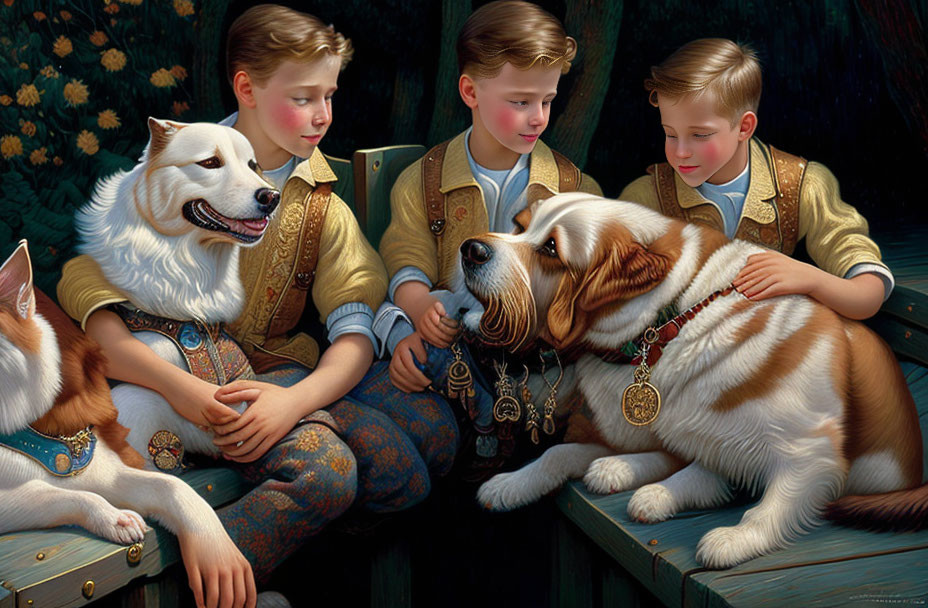  three boys petting a dogs