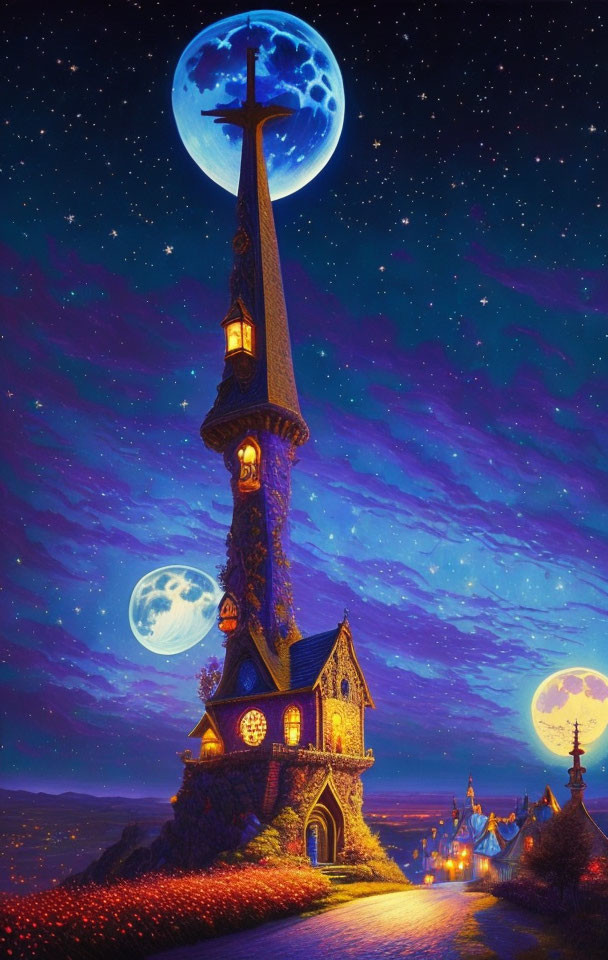 Whimsical tower under starry sky with two moons and glowing path.