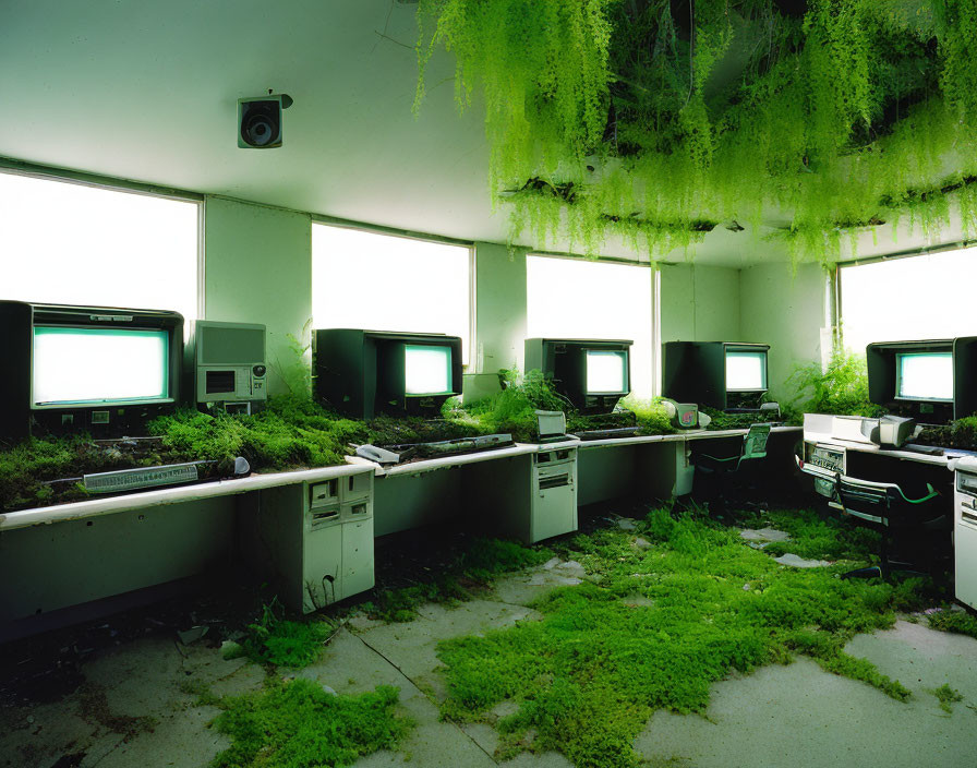Overgrown green plants in abandoned room with old-style computers and security camera