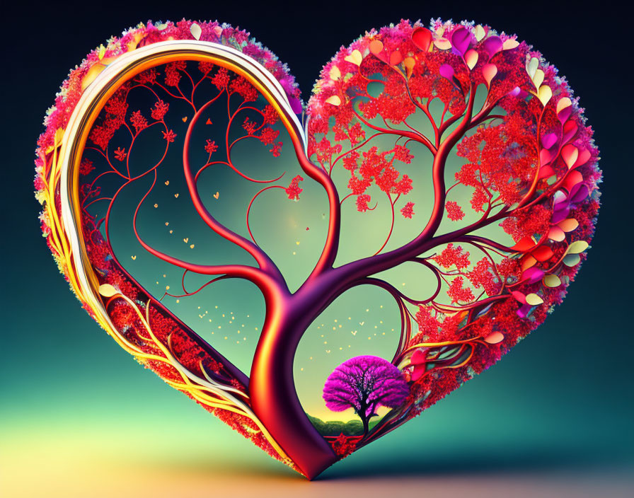 Colorful Heart-Shaped Tree on Gradient Background