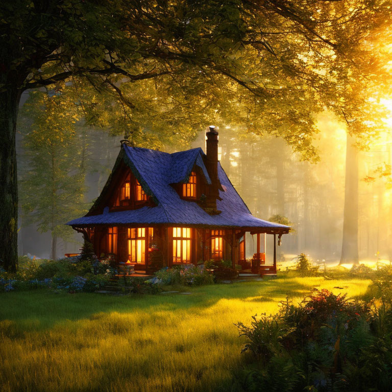 Charming cottage in forest with golden sunlight and misty trees
