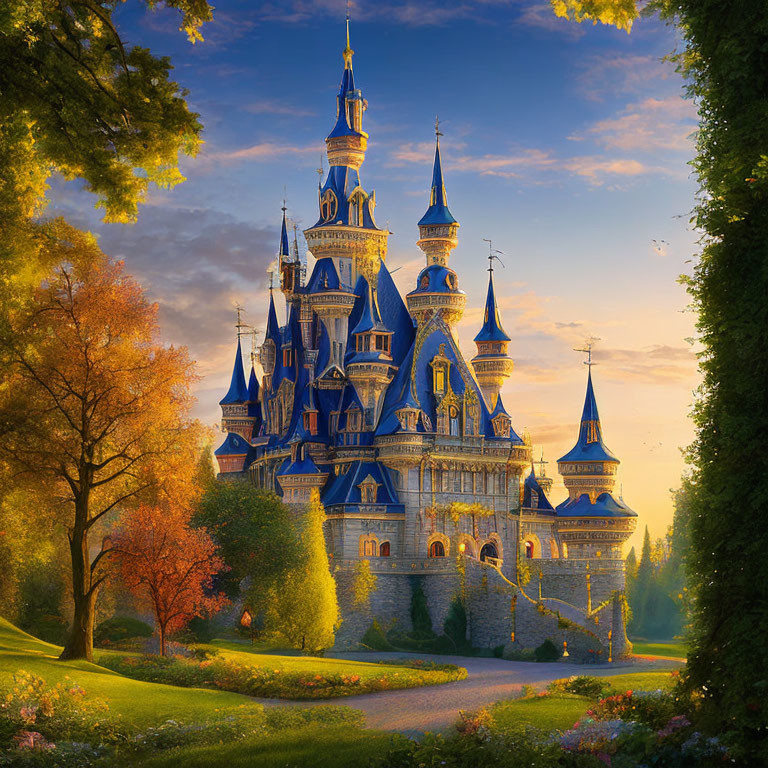 Fantastical castle with multiple spires in lush greenery