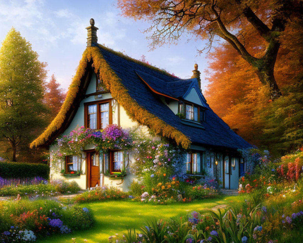 Charming blue cottage with thatched roof in vibrant garden
