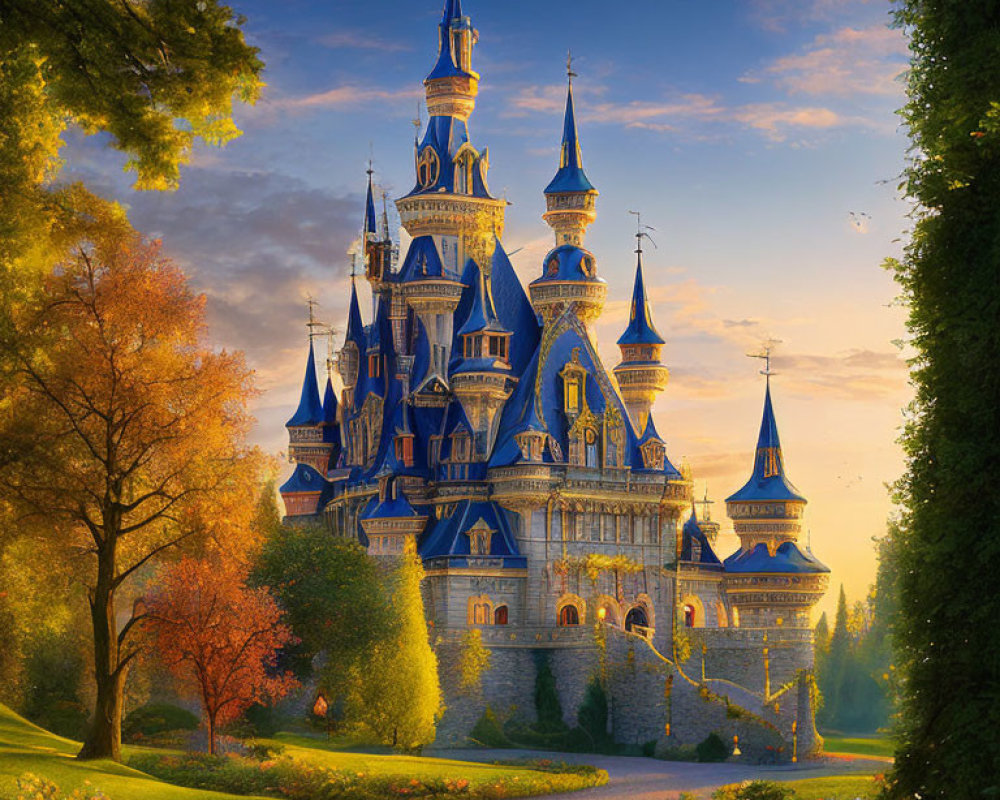 Fantastical castle with multiple spires in lush greenery