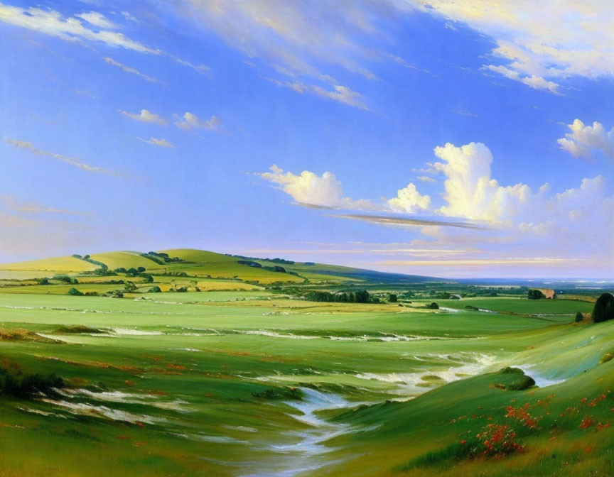 Tranquil landscape with green hills, blue sky, red flowers