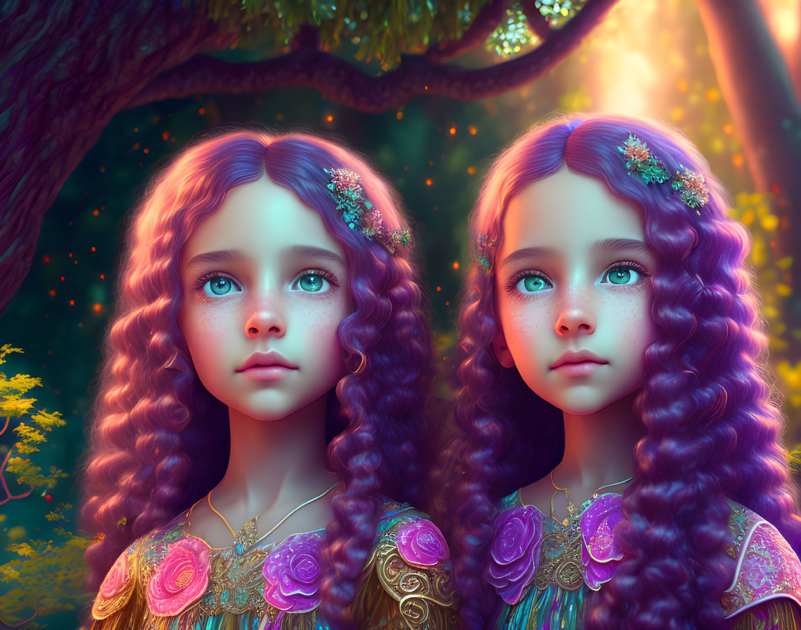 Identical girls with blue eyes and curly hair in magical forest with floral accessories.