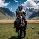 Armored knight on horseback with sword in green valley and mountains