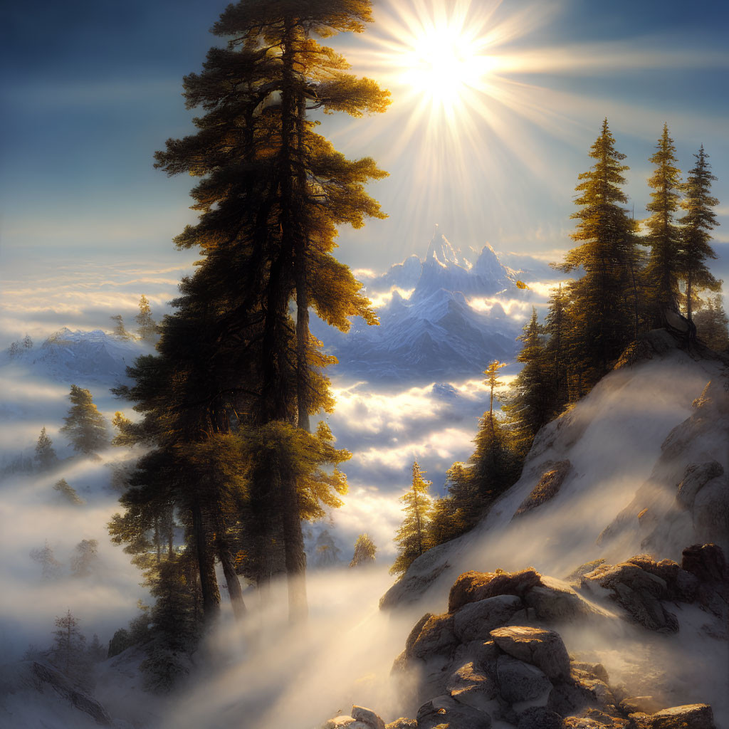 Misty mountain sunrise with sunbeams and snowy peaks
