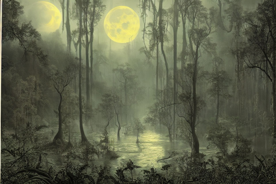 Misty swamp with towering trees and twin full moons