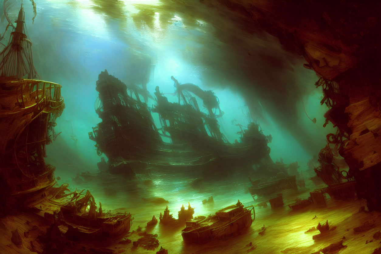 Ethereal underwater scene with sunken ships and cast light filtering through ocean depths