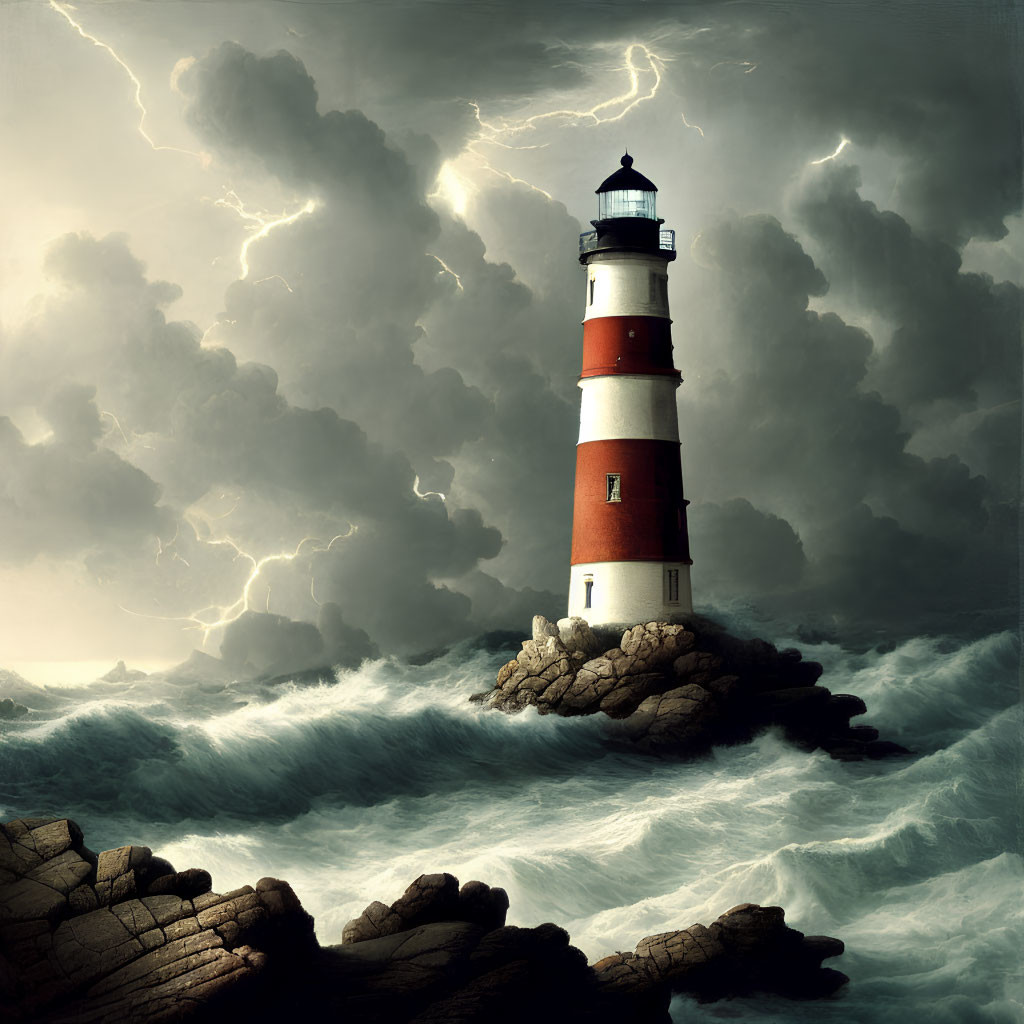 Red and White Lighthouse on Rocky Shore Amid Stormy Seas